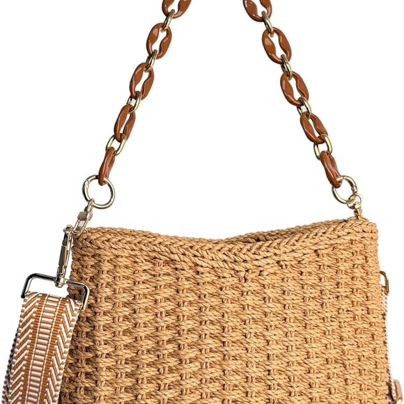 Women’s Straw Crossbody Bag Small Handwoven Summer Beach Handbag with Chain - Picture 5 of 9